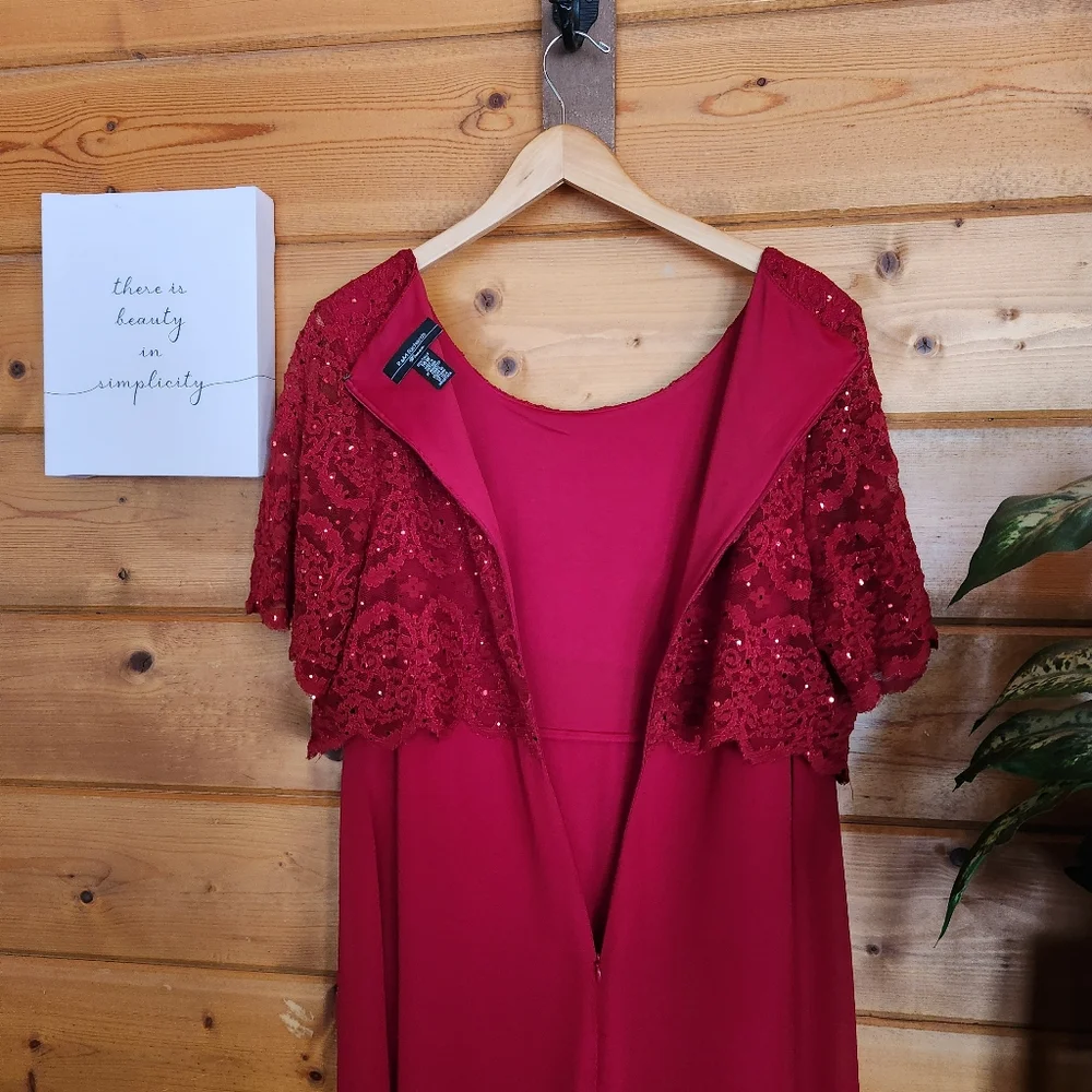 R & M Richards Dress Red‎ Lace & Sequin Overlay Chiffon Sheer Cocktail Petite 14
